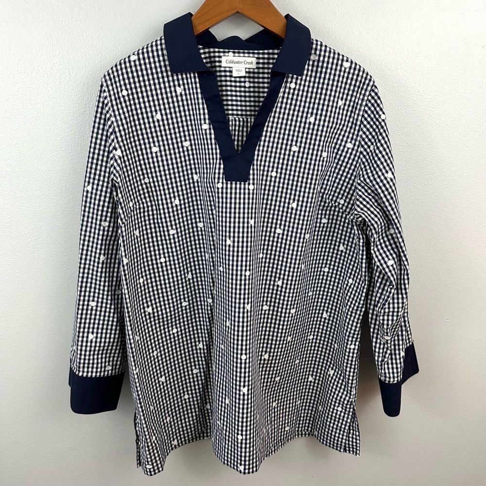 Coldwater Creek Blue White Checkered Picnic Tunic Shirt Size Large Cottagecore